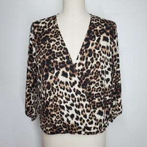 Veronica M Size S Blouse Animal Print Leopard Brown Beige 3/4 Sleeve Wrap V-Neck